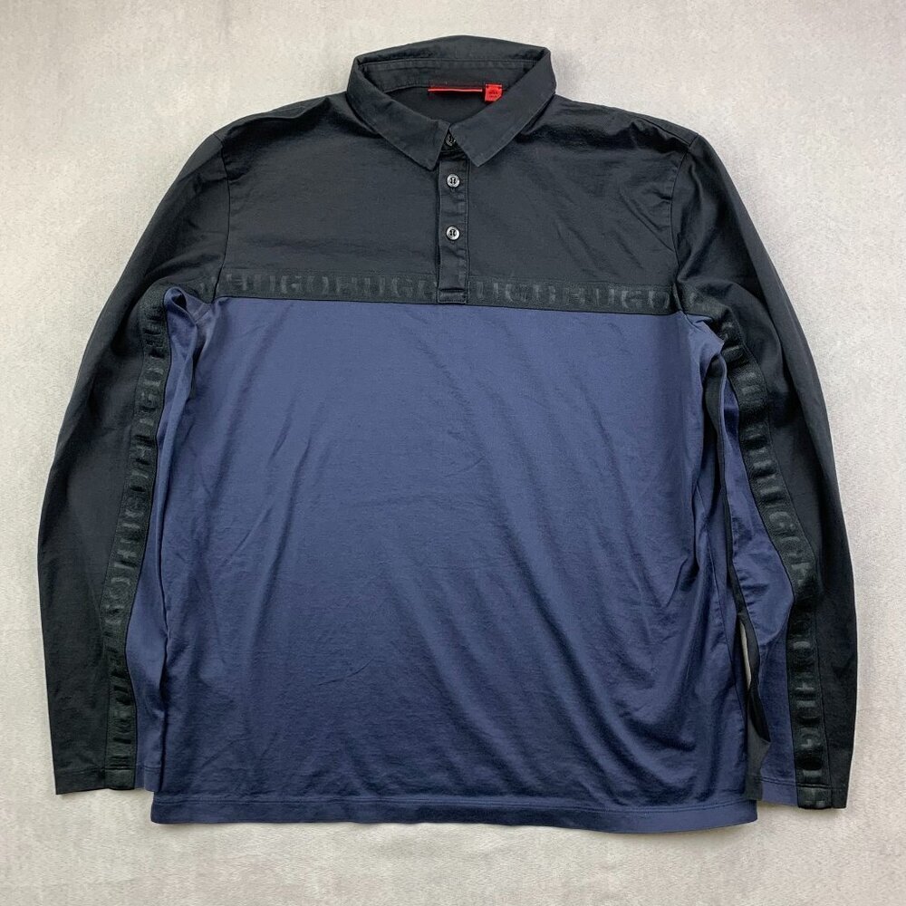 Hugo Boss Mens Shirt Medium Blue Black Colorblock Polo Long Sleeve Luxury